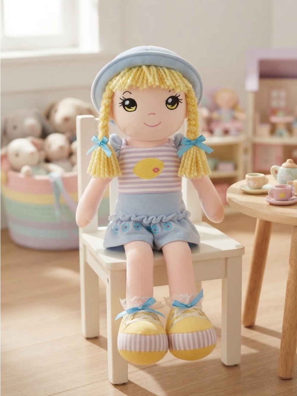 Senario 2012 Blonde Braided Pigtails Girl Plush Stuffed Doll 21" Blue Dress Rare